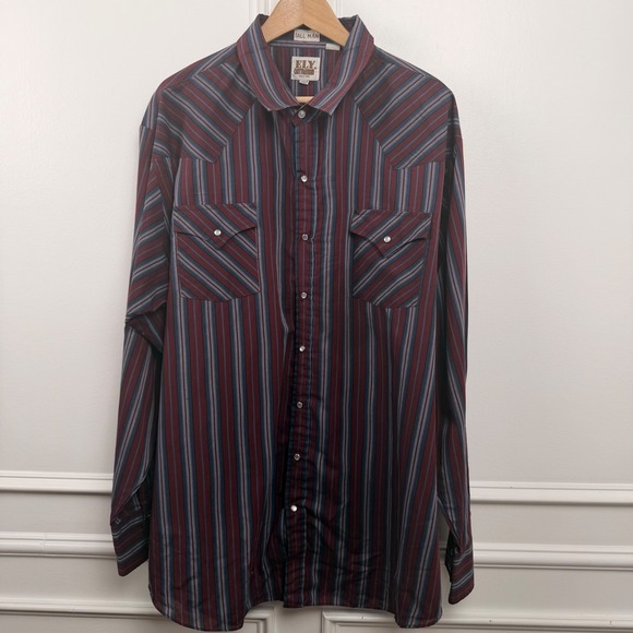 Ely Cattleman Other - Ely Cattleman Mens 3XLT Western Pearl Snap Shirt Burgundy Blue Striped Tall Man